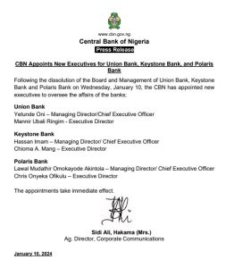 CBN Appoints New Executives for Union Bank, Keystone Bank, and Polaris Bank